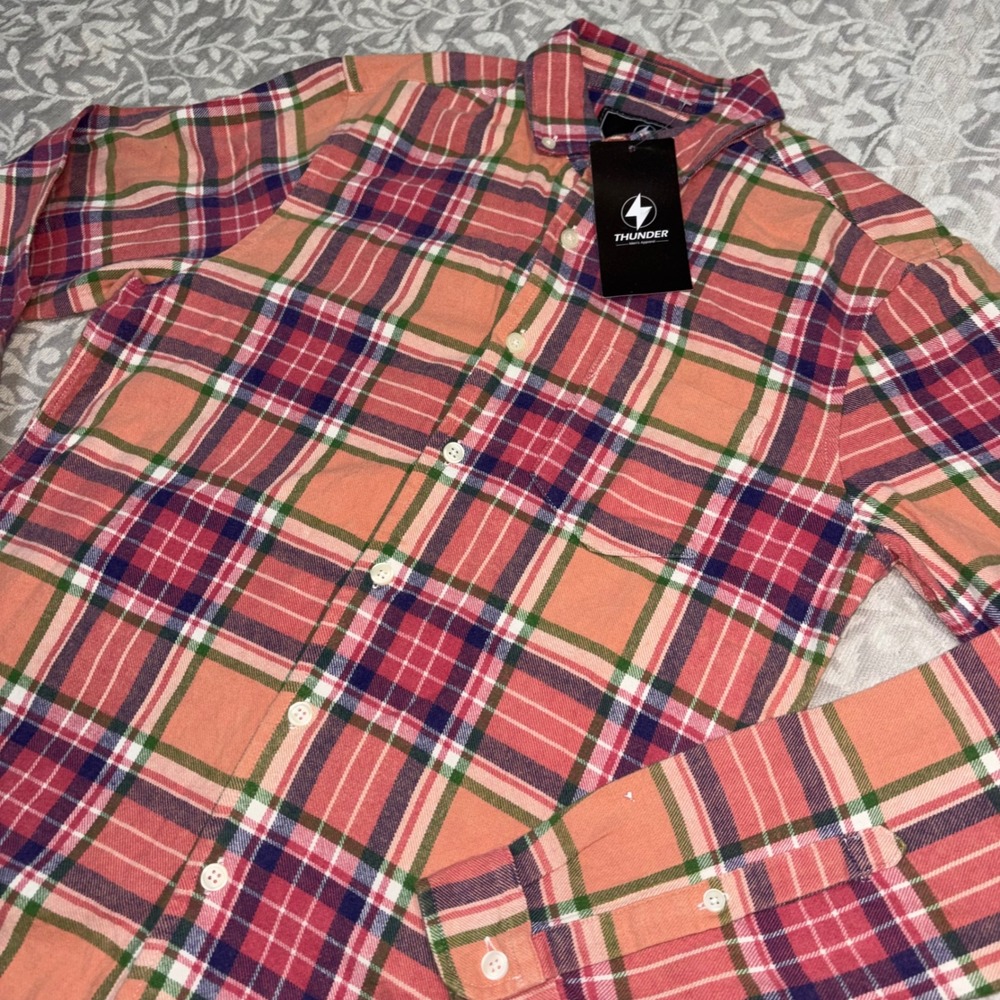Thunder Youth Orange Pink Plaid Flannel Button Down Cotton Long Sleeve  (A59)